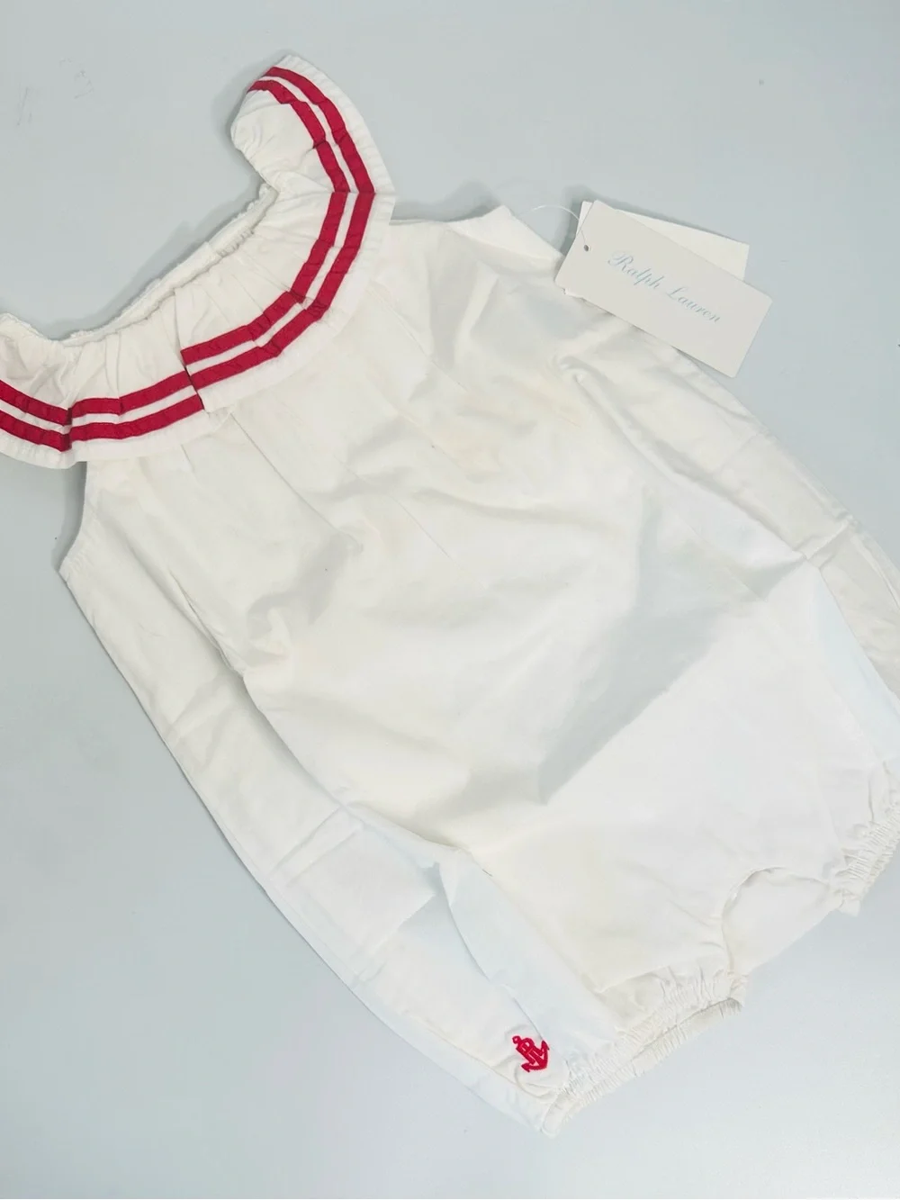 Ralph Lauren White Baby Romper with Red Trim and Anchor